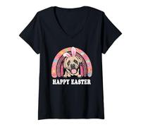 Mujer English Mastiff Dog Easter Bunny Eggs Hunting Boho Rainbow Camiseta Cuello V