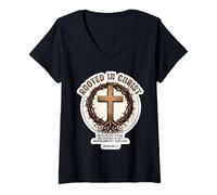 Mujer Enraizado en Cristo Coliseos 2:7 versículo bíblico Cita Cristiana Camiseta Cuello V