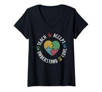 Mujer Enseñar Aceptar Entender Amor Autismo Conciencia SPED Maestro Camiseta Cuello V