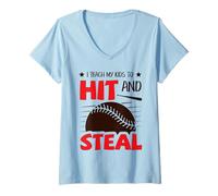 Mujer Enseño a mis Hijos a Golpear y Robar softbol béisbol mamá papá Camiseta Cuello V