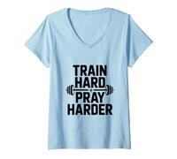 Mujer Entrena Duro Orar Más Duro Motivacional Gimnasio Fitness Camiseta Cuello V