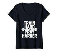 Mujer Entrena Duro Orar Más Duro Motivacional Gimnasio Fitness Camiseta Cuello V