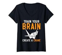 Mujer Entrena tu Cerebro CREA una grulla Papel Origami Arte Japonés Camiseta Cuello V