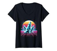 Mujer Epic 3 Lobos Aullando a la Luna 80s Wolf Vaporwave Camiseta Cuello V