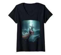 Mujer Epic Bible Story Christian Graphic - Jesus Saving Peter Camiseta Cuello V