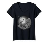 Mujer Epic Knight Fighting Dragon - Arte detallado Grabado a la luz de la Luna Camiseta Cuello V