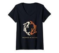 Mujer Equilibrio En La Naturaleza Yin Yang Koi Peces Zen Armonía Espiritual Camiseta Cuello V