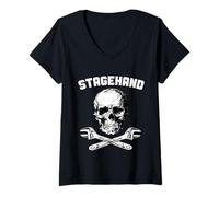 Mujer Equipo técnico Stagehand Skull Crossed C Wrench Backstage Theater Camiseta Cuello V