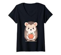 Mujer Erizo con Manzana ilustración Animal Camiseta Cuello V