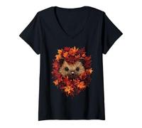 Mujer Erizo Otoño Hojas Otoño Naturaleza Amante Lindo Bosque Animal Camiseta Cuello V