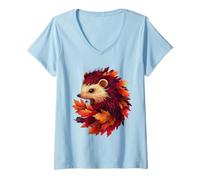 Mujer Erizo Otoño Hojas Otoño Naturaleza Amante Lindo Bosque Animal Camiseta Cuello V