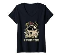 Mujer Es Divertido, si Cabe, se Encuentra con Calavera de Gato Negra, Forma de Hongo gótico Camiseta Cuello V