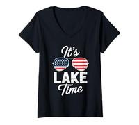 Mujer Es el lago Time Patriotic American USA Flag 4 de julio Desig Camiseta Cuello V