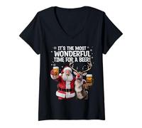Mujer Es el Momento más Maravilloso para una Cerveza Navidad Santa Fun Camiseta Cuello V