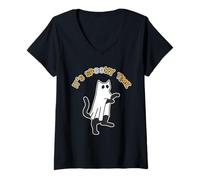 Mujer Es Hora Espeluznante Divertido Lindo Gato Fantasma Halloween Camiseta Cuello V
