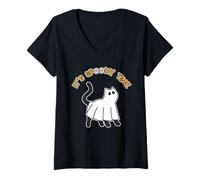 Mujer Es Hora Espeluznante Divertido Lindo Gato Fantasma Halloween Camiseta Cuello V