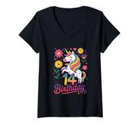 Mujer Es mi cumpleaños 14 Unicornio Floral Fun Camiseta Cuello V