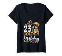 Mujer Es mi cumpleaños dorado número 23 Feliz día 23 años para mí Camiseta Cuello V