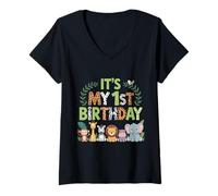 Mujer Es mi Primer cumpleaños Zoo Familia Animal 1 Año Camiseta Cuello V
