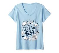 Mujer Es un Buen día para Leer Libro Amor Cozy Bookworm Reading Love Camiseta Cuello V