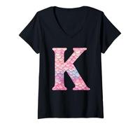 Mujer Escamas de sirena en colores pastel letra K Camiseta Cuello V