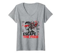 Mujer Escape The Feed Digital Detox Cyber Glitch Arte distópico Camiseta Cuello V
