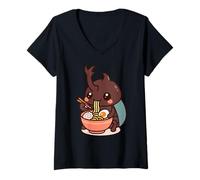 Mujer Escarabajo japonés con Cuernos Comiendo Fideos Ramen Kawaii Lindo Camiseta Cuello V