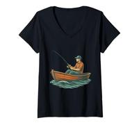 Mujer Escena clásica del Barco del Pescador Solitario Camiseta Cuello V