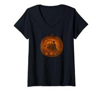Mujer Escena de calabaza de Halloween de tren fantasma embrujado Camiseta Cuello V