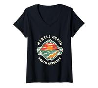 Mujer Escena De Playa En Tiburón Mandíbula Myrtle Beach South Carolina Retro Camiseta Cuello V