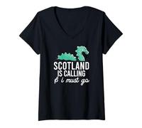 Mujer Escocia Llamando Y Debo IR Meme escocés Monstruo del Lago Ness Camiseta Cuello V