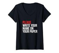 Mujer Escriba el Nombre en su Maestro de Escuela de Papel Camiseta Cuello V