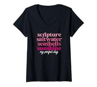 Mujer Escritura Agua Salada Conchas Marinas Sol Cristiana Fe Jesús Camiseta Cuello V