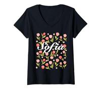 Mujer Escritura Cursiva Blanca Nombre Personalizado Flor de Primavera Sofía Camiseta Cuello V