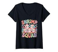 Mujer Escuadrón de camarones Lindo Kawaii Cartoon Sea Ocean Friends Camiseta Cuello V