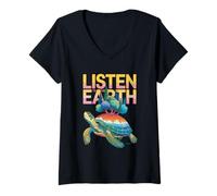 Mujer Escucha el caparazón del Paisaje de la Tortuga de la Camiseta Cuello V