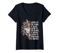 Mujer Escucha el Viento Que Habla Escucha el Arte del Lobo del Silencio Camiseta Cuello V
