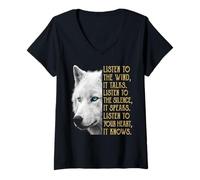 Mujer Escucha el Viento Que Habla Escucha el Silencio Lobo Blanco Camiseta Cuello V
