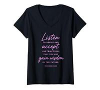 Mujer Escuche el Consejo Ganar sabiduría Proverbios 19:20 Biblia de Las Escrituras Camiseta Cuello V