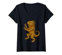 Mujer Escudo de iguana Renacimiento Fantasía Heráldica Medieval Animal Camiseta Cuello V