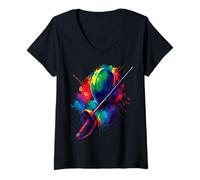 Mujer Esgrima Splash Art - Esgrima Deportes Coloridos Máscara y Espada Camiseta Cuello V