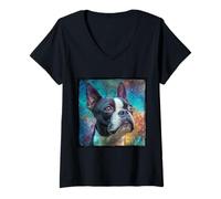 Mujer Espacio de Boston Terrier Camiseta Cuello V