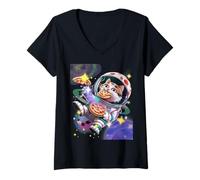 Mujer Espacio Gato Pizza Comida Pizza Galaxy Laser Eyes Rainbow Kitty Camiseta Cuello V