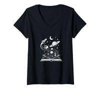 Mujer Espacio Libros Ratón de Biblioteca Astronomía Ciencia Galaxia Planeta Camiseta Cuello V