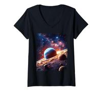 Mujer Espacio Polvo Planetas y Estrellas Universo Arte Diseño Camiseta Cuello V