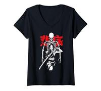 Mujer Espada Samurai Tatuaje Chica Esqueleto Duelo Manga Halloween Camiseta Cuello V