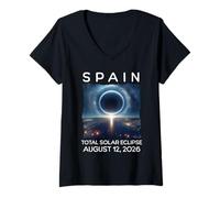 Mujer España Eclipse 2026 Agosto 12 Cielo Total Eclipse Solar Noche Camiseta Cuello V