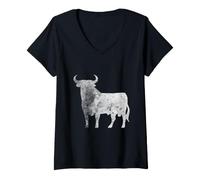 Mujer España - Toro Blanco - Verde - Efecto Lavado a la Piedra Camiseta Cuello V