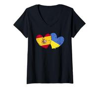 Mujer España Ucrania Corazón Banderas Español Ucraniano Doble Bandera Camiseta Cuello V