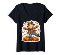 Mujer Espantapájaros Bailando Calabaza Feliz Día de Acción de Gracias Camiseta Cuello V